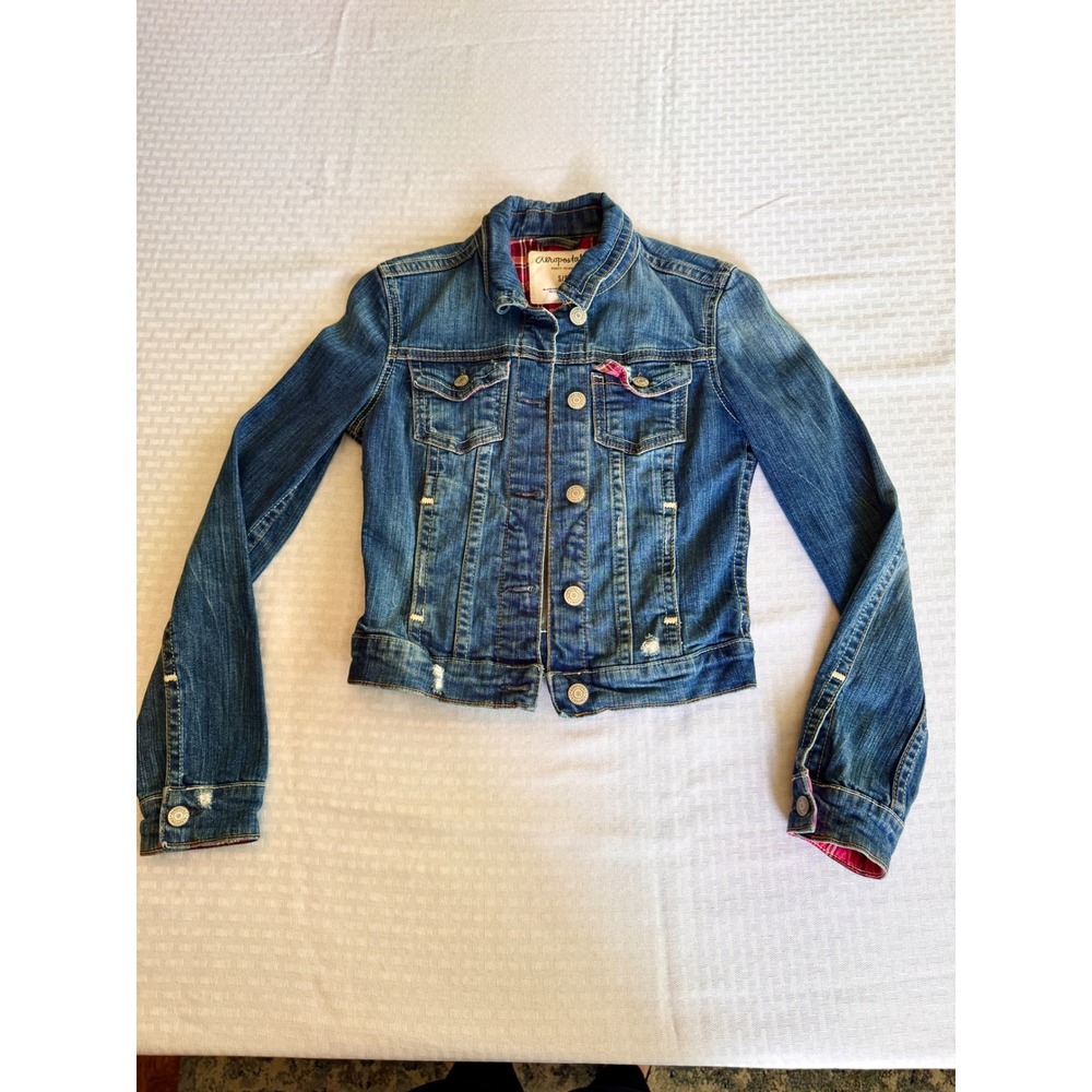 Aeropostale Eighty-Seven Denim Jacket Small Pink Plaid Flannel Lined Distressed